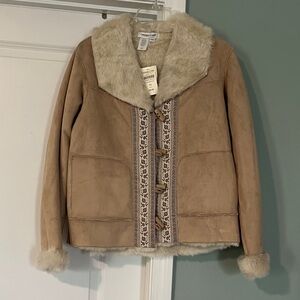 Calvin Klein Beige Faux Suede Teddy Jacket with Fur Trim